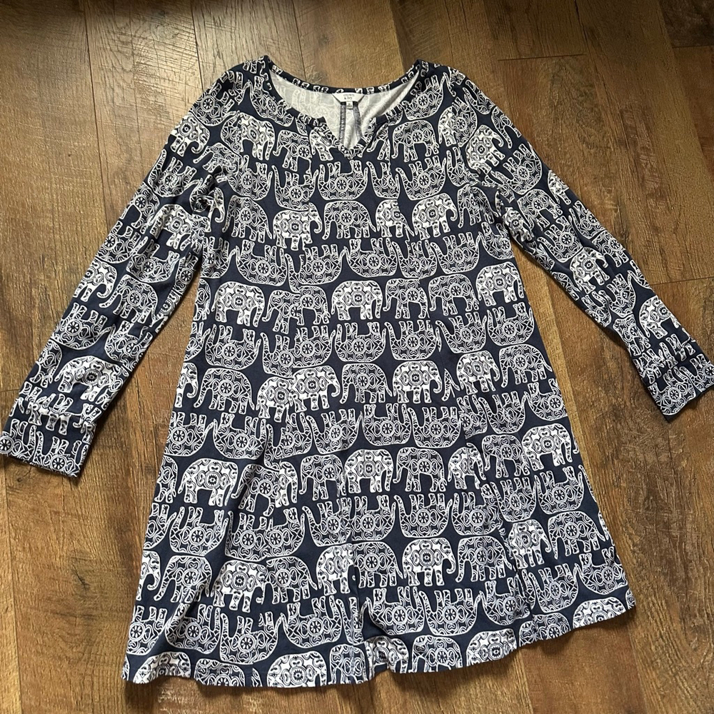 Women's Crown & Ivy Long Sleeve Dress M Navy White Elephant Print